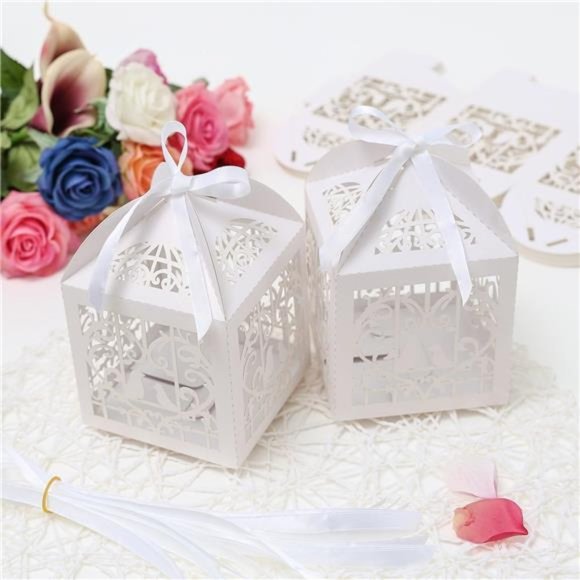 25Pcs/Lot 4x4 inches Laser Cut Pearl Paper Party Wedding Favor Ribbon Candy Box - Picture 5 of 6